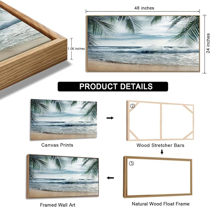 Framed Tropical Beach Wall Art - Ocean Waves Canvas Pictures Coastal Blue Sky and Sea Print Seaside Palm Tree Leaves Scene Painting Artwork Living Room Bedroom Office Home Decor 24" x 48"