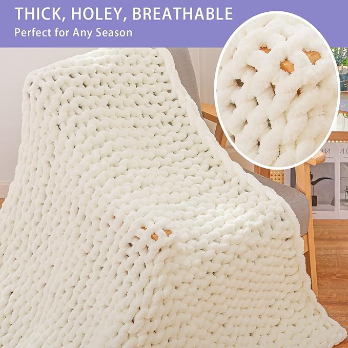 Bigacogo Chunky Knit Throw Blanket for Couch, 51x63 inches, 100% Hand Knitted with Thick Jumbo Chenille Yarn, Cozy Soft Large Rope Knot Cable Crochet Blankets for Sofa Bed Living Room, Ivory