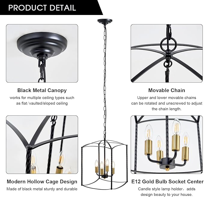 Farmhouse 4 Lights Pendant Light, Industrial Black Lantern Chandelier with E12 Gold Base Metal Cage Rustic Geometric Hanging Light Fixtures for Kitchen Island Foyer Entryway Dining Room