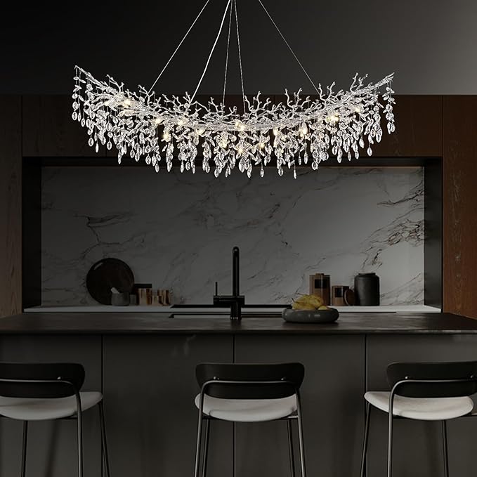 Modern Crystal Silver Chandelier,72" Large Rectangular Chandeliers for Dining Room, Tree Branch Crystal Lving Room Chandelier,Dining Room Over Table Chandelier,Fixture Height-Adjustable