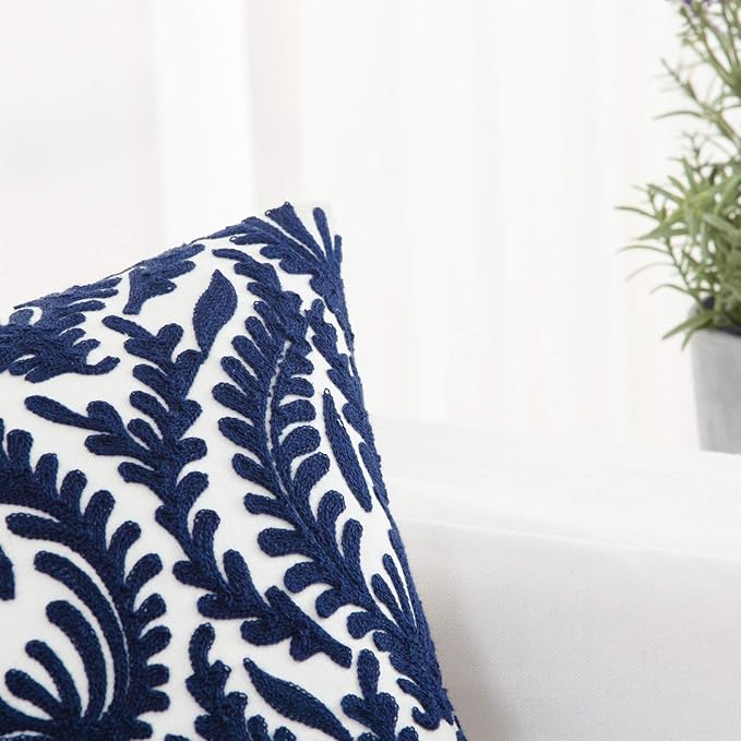 HWY 50 Navy Blue Decorative Throw Pillow Covers 18x18 Inch, Pack of 2 Embroidered Cotton Farmhouse Cushion Cover Pillow Case for Sofa Couch Living Room Bed Bedroon, Accent Branches