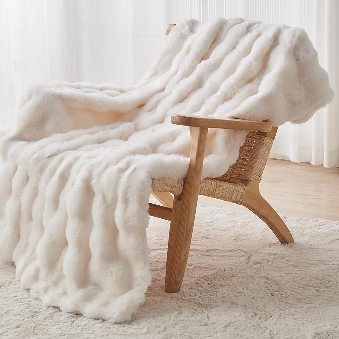 Lotus Karen Faux Fur Blanket - Cream White Twin Size, Big Bubble Rabbit Fluff, 60x80 Inches