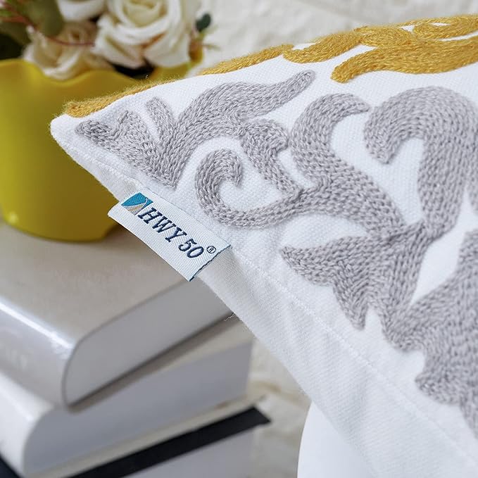 HWY 50 Mustard Yellow Decorative Throw Pillow Covers 18x18 Inch, Pack of 2 Embroidered Cotton Farmhouse Cushion Cover Pillow Case for Sofa Couch Living Room Bed Bedroon, Accent Geometric