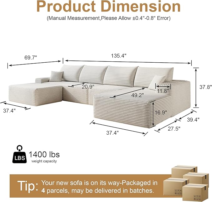 136" Sectional Couches for Living Room Modern Modular Sofa with L-Shape Couchs Upholstered Boneless Couch Deep Seat Sectional Couch with Chaise (White, Right Facing Chaise+3Seaters+Ottoman)