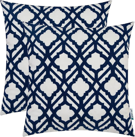 HWY 50 Dark Blue Decorative Throw Pillow Covers 18x18 Inch, Pack of 2 Embroidered Cotton Farmhouse Cushion Cover Pillow Case for Sofa Couch Living Room Bed Bedroon, Trellis
