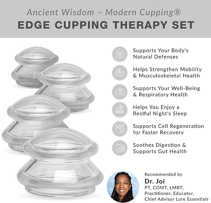 Lure Essentials Edge Silicone Cupping Set, Cupping Kit for Massage Therapy, Long Lasting Cups for Professional & Home Use, Body Sculpt Cup for Cellulite, Ultra Transparent Clear