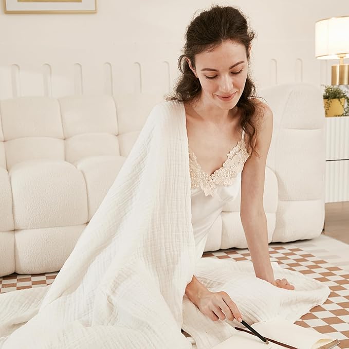 EMME Cotton Blanket King Size for Bed Soft Muslin Blankets 108"x90" Lightweight Breathable Layering Blanket Bedspread Coverlet All Season Gauze, White