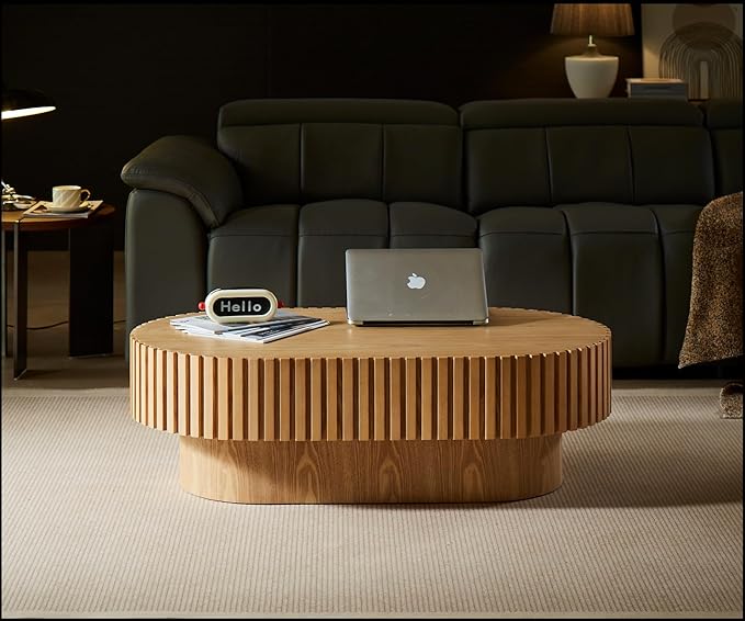 43.7" Oval Coffee Table for Living Room,Modern Handcraft Drum Coffee TableSmall Wooden Coffee Table with Sturdy Pedestal Easy Assembly for Office-Natural