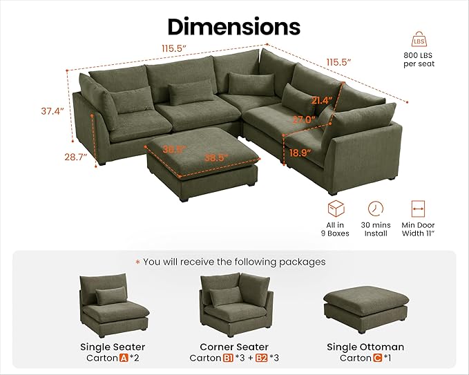 Oversized Modular Sofa, Extra Deep Cloud Chenille Sectional Couch with Ottoman Chaise, Fluffy Chenille Corner V Shape Sofa for Living Room, Villa (Corner V Shape+Ottoman, Chenille Green)