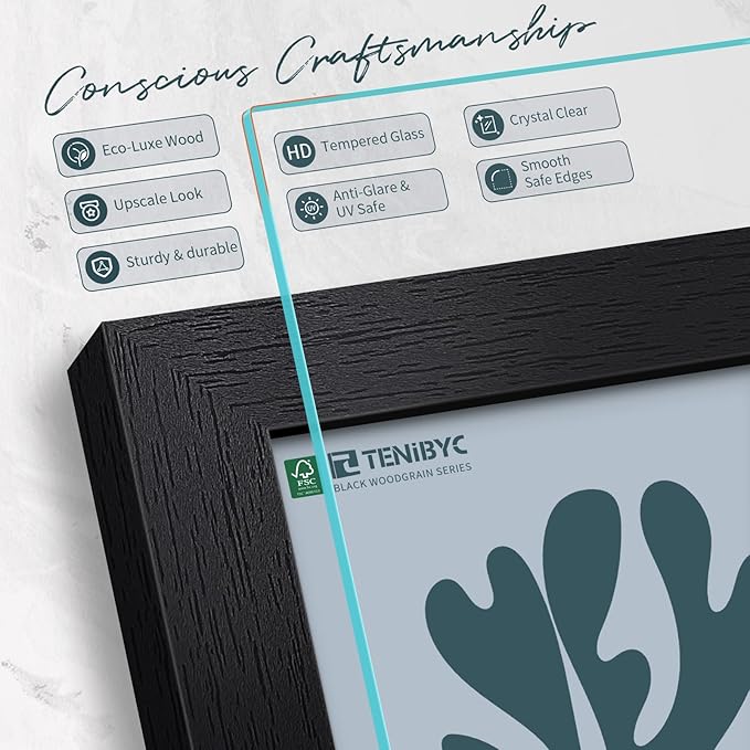 8.5x11 Picture Frame Set of 3 - Black Woodgrain, Solid Wood & HD Tempered Glass, Table Display or Wall Hanging