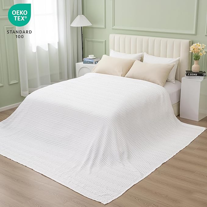 PHF Cooling Waffle Blanket California King Size, Lightweight 60% Rayon Derived from Bamboo & 40% Cotton Breathable Blanket for Hot Sleepers, Soft and Luxury for Bed Couch and Sofa, 110"x96", White