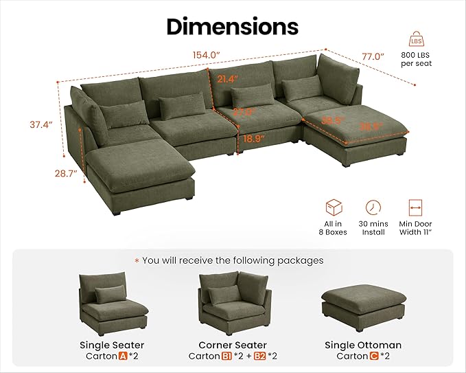 Oversized Modular Sofa, Extra Deep Cloud Chenille Sectional Couch with Ottoman Chaise, Fluffy Chenille 6 Seat U-Shaped Sofa for Living Room, Villa (U Shape 6 Seater, Chenille Green)