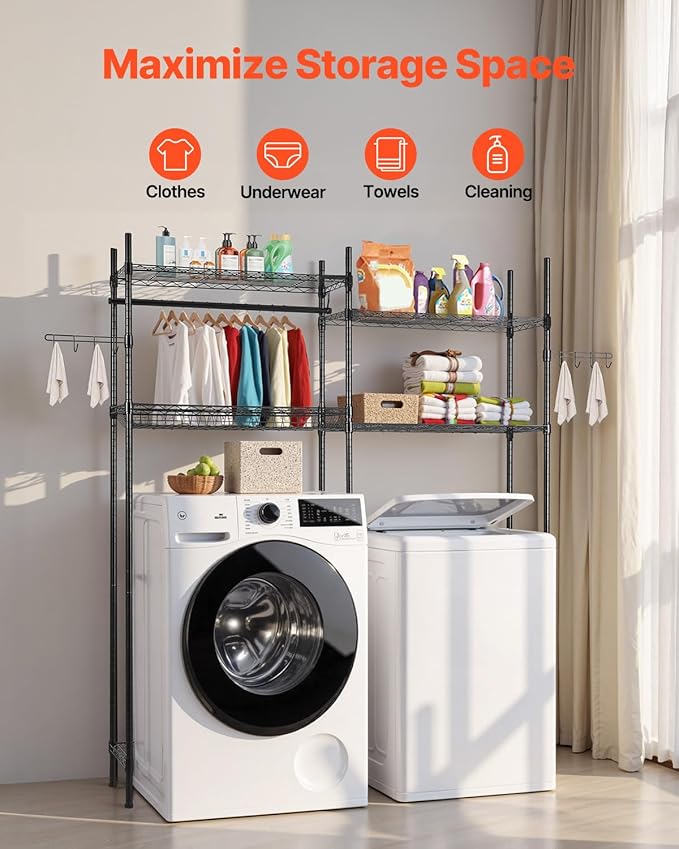 VEVOR Over The Washer and Dryer Storage Shelf, 4 Tier Laundry Room Drying Rack with Hanger Rod and Hooks, Adjustable Over Washer and Dryer Shelves, Laundry Room Shelf Storage Space Saver, Black