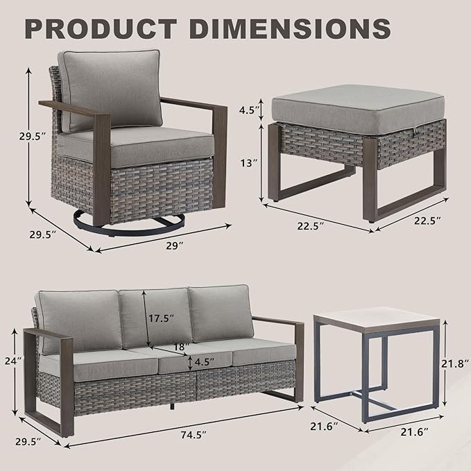 Outdoor Wicker Patio Furniture Set - 8 Piece Patio Conversation Set with 4 Wicker Swivel Rocker Chairs,2 Rattan Ottoman 1 Side Table and 1 Couch,Thick Cushions,Deep Seating(Mixed Grey/Grey)