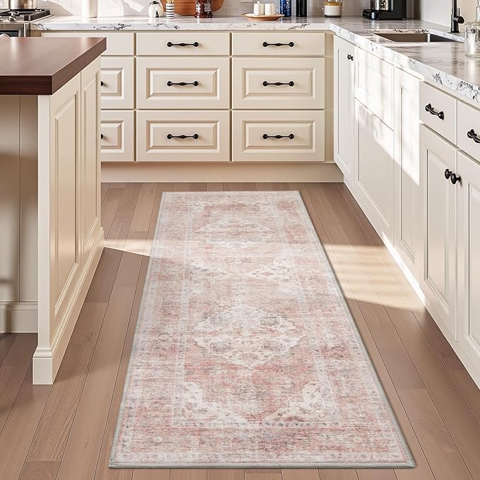 AMOAMI-2X6 Runner Rug-Washable Runners for Hallways-Soft Non Slip Bedside Rugs for Bedroom-Vintage Long Rug for Hallways Entryway Laundry Room Stair Kitchen Bathroom Pink