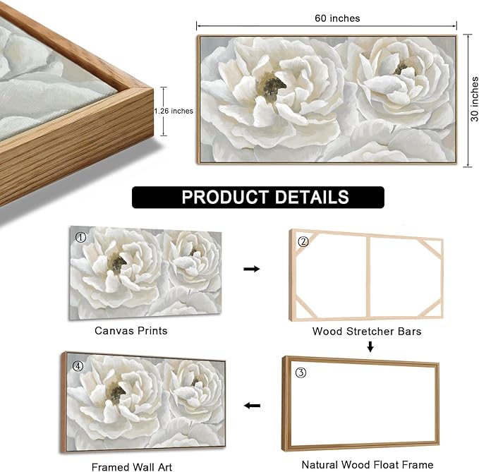 arteWOODS Cream White Flowers Framed Wall Art - Soft Peony Pictures for Wall Decor Elegant Blossom Flower Painting Artwork Botanical Prints for Living Room Home Office Wall Decoration 29" x 58"