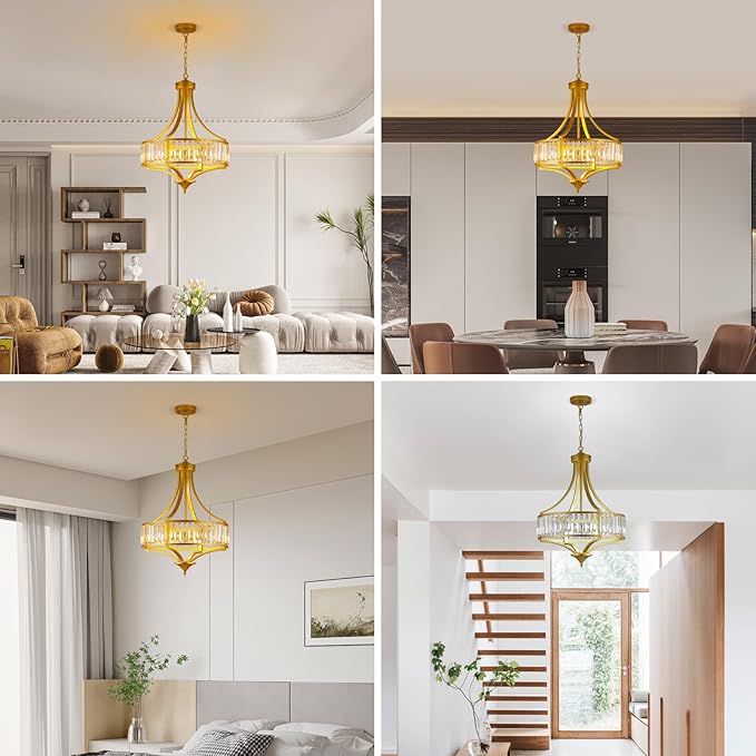 Modern Gold Crystal Chandelier, 20 Inch Large Ceiling Pendant Light Fixture with 50'' Adjustable Hanging Chain, 5-Light Farmhouse Chandelier for Dining Room, Living Room, Bedroom, Entryway