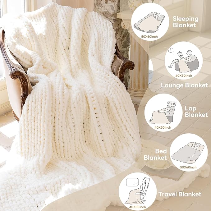 Chunky Knit Blanket - Luxury Soft Cozy Extra Large Size (80 * 90) Throw Blanket,100% Woven Blanket Rope Knot Throw Blanket for Couch, Sofa, Home Decor, Gift - Machine Washable（Milk White ）