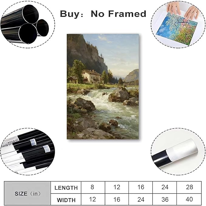 Vintage landscape rural scenery poster art farmhouse cottage wall decor living room kitchen quiet country stream suitable for bedroom bathroom