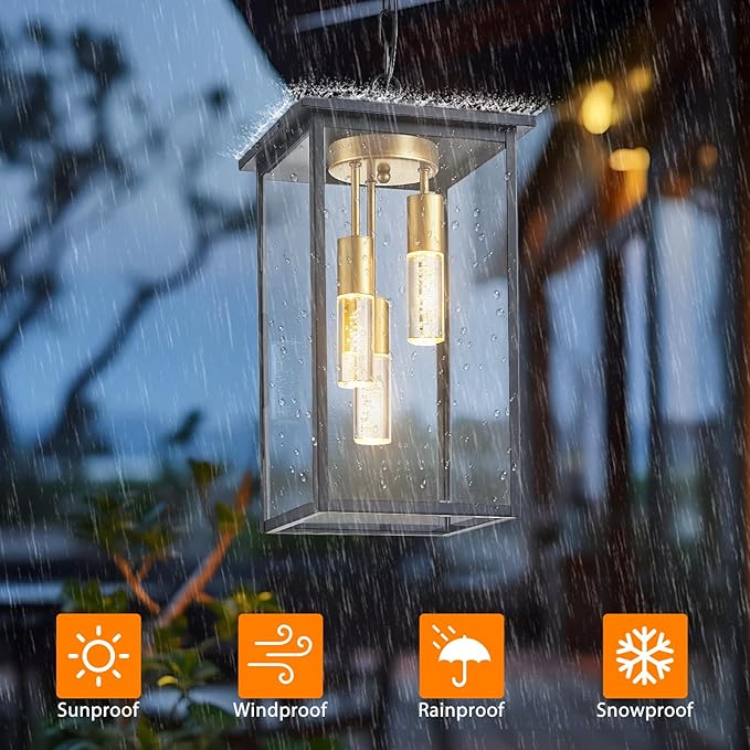 3-Color LED Outdoor Pendant Light with Remote, 3-Light 19" Large Outdoor Chandelier for Porch, Black Gold Exterior Pendant Lighting Fixtures Ceiling Mount Pendant Lantern for Patio Front Door