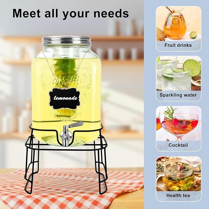 2 Gallon Glass Drink Dispensers For Parties,Beverage Dispensers With Stand And 100% Leakproof Stainless Steel Spigot.Glass Water Jug Dispenser,Lemonade Dispenser,Mason Jar.