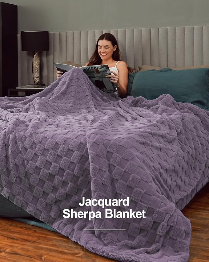 Pawque Super Soft Cozy Throw Blanket for Couch Sofa Bed - Fluffy Sherpa Fleece Reversible Thick Warm Fuzzy Blanket for All-Season, 3D Checkered Jacquard Elegant Decorative Blankets, Purple, 50" x 60"