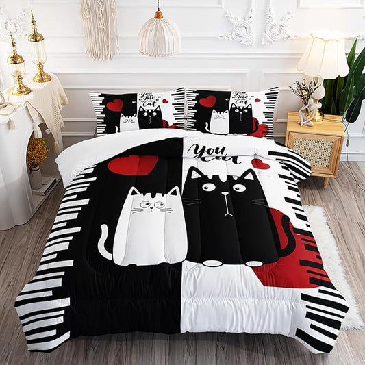 Kawaii Pet Cat Themed Comforter 3Pcs Queen Lover's Kitten Animal Bedding Set for Cat Lover Kid Teen Girl Boy Black White Cat Heart Pattern Quilt Bed Decor with 1 Comforter and 2 Pillowcases