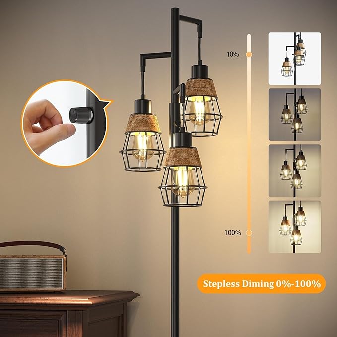 Oneach 68" Floor Lamps for Living Room, Stepless Dimmable Boho Floor Lamp with 3 Bulbs, Tall Farmhouse Industrial Corner Standing Tree Lamp for Bedroom, Office, Study Room, Dining Room, Black