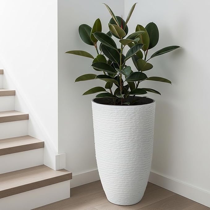 Worth Garden 2-Pack 21" H. White Tall Planters - 14'' Dia Resin Large Round Flower Pots for Outdoor Plants Trees - Imitation Stone Finish Plastic Indoor Front Porch 9 Gallon Decorative Container Patio