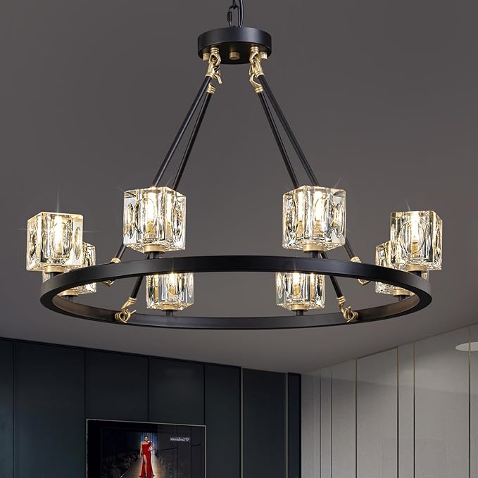 Black Wagon Wheel Chandelier, 8-Light Farmhouse Crystal Chandeleirs with Adjustable Height,Ceiling Hanging Light Fixture Pendant Lights for Living Room,Bedroom,Kitchen Island,Dining Room,Bedroom