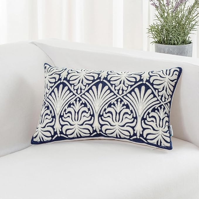 HWY 50 Navy Blue Decorative Lumbar Pillow Cover Rectangle 12x20 Inch (1 Piece), Embroidered Cotton Farmhouse Cushion Cover Pillow Case for Sofa Couch Living Room Bed, Minimalist Floral