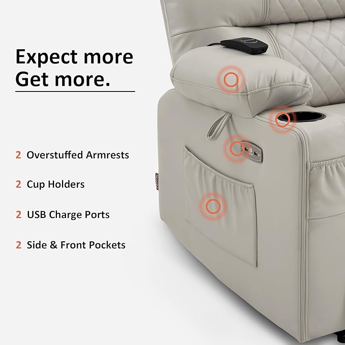 MCombo Zero Gravity Power Recliner Chair with Heat and Vibration Massage, Reclining Chair with USB Ports, Cup Holders for Living Room, Faux Leather PR621 (Light Grey)