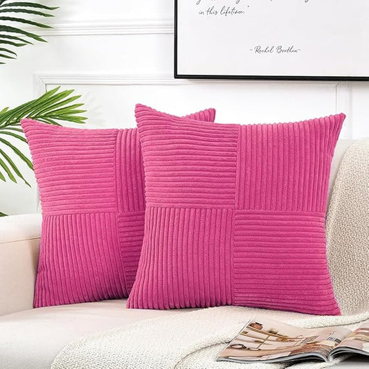 Fancy Homi 2 Packs Hot Pink Decorative Throw Pillow Covers 22x22 Inch for Living Room Couch Bed, Rustic Farmhouse Boho Home Decor, Soft Corss Corduroy Patchwork Accent Square Cushion Case 55x55 cm