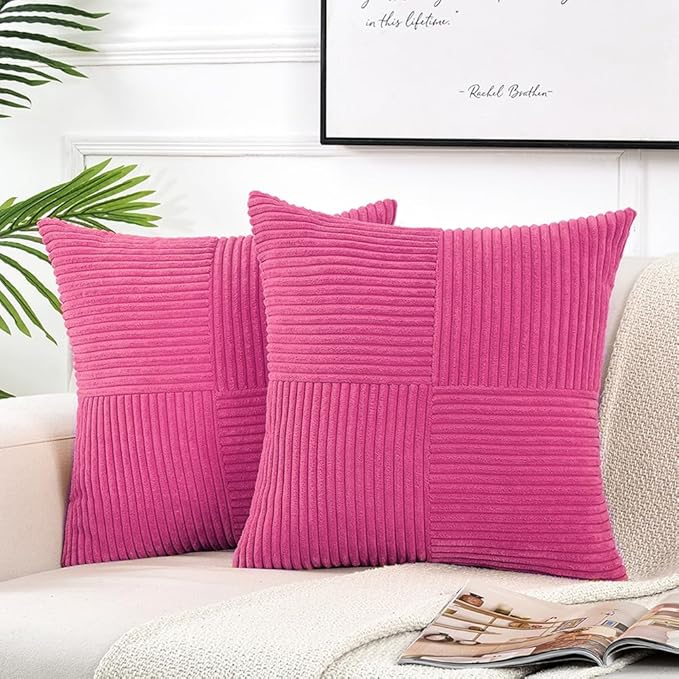 Fancy Homi 2 Packs Hot Pink Decorative Throw Pillow Covers 20x20 Inch for Living Room Couch Bed Sofa, Rustic Farmhouse Boho Home Decor, Soft Corss Corduroy Patchwork Accent Cushion Case 50x50 cm