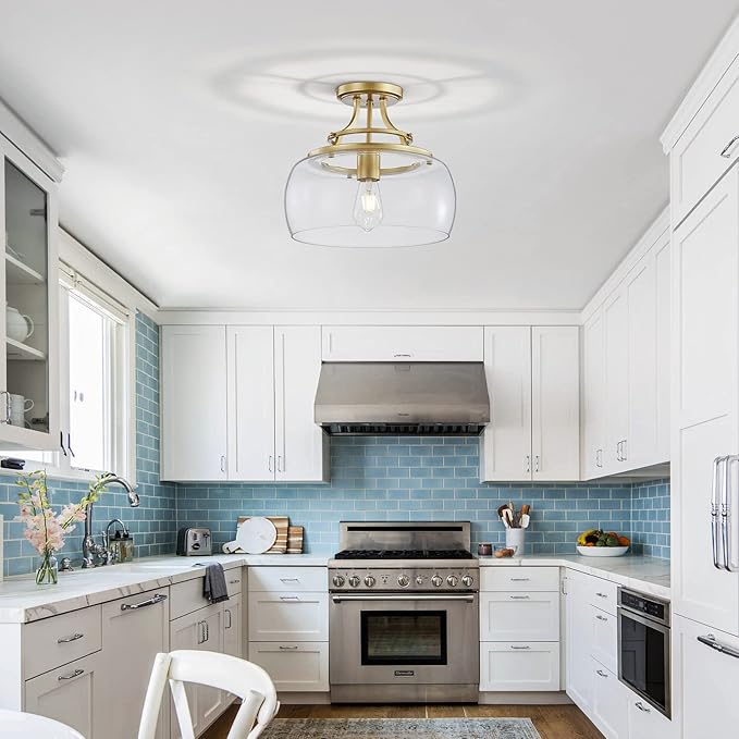 WUZUPS Chandelier Rustic Farmhouse Industrial Round Semi-flushmount Ceiling LED Light Fixture with Clear Glass Shades for Bathroom Kitchen Foyer Entryway, H 11.8" x W 13.4", E26 Base, Gold