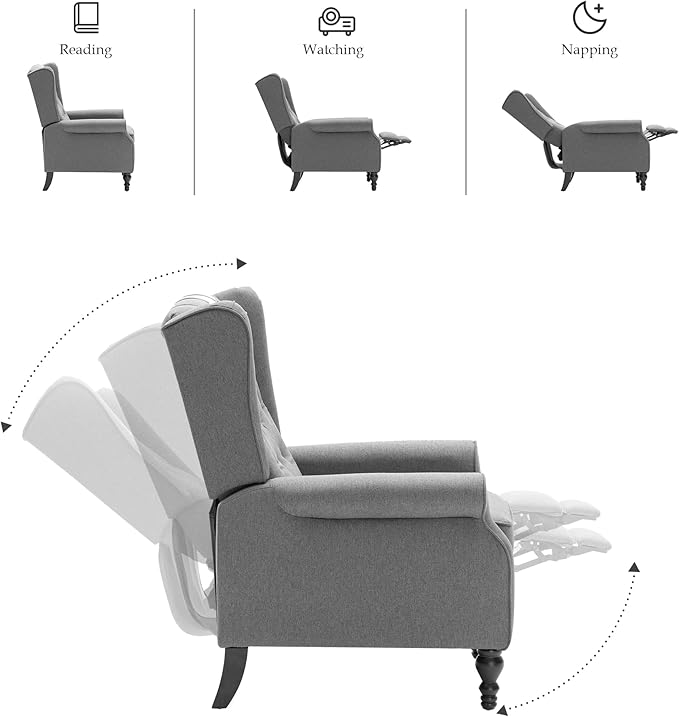 Mid Century Wingback Recliner Chair for Adults, Modern Linen Fabric Push Back Recliner Chairs with Button Tufted Upholstered Back & Footrest, Manual Recliner Chais for Living Room, Nursery, Gray