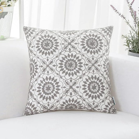 HWY 50 Gray Grey Decorative Throw Pillow Covers 18x18 Inch (1 Piece), Embroidered Cotton Farmhouse Cushion Cover Pillow Case for Sofa Couch Living Room Bed, Little Sunflower
