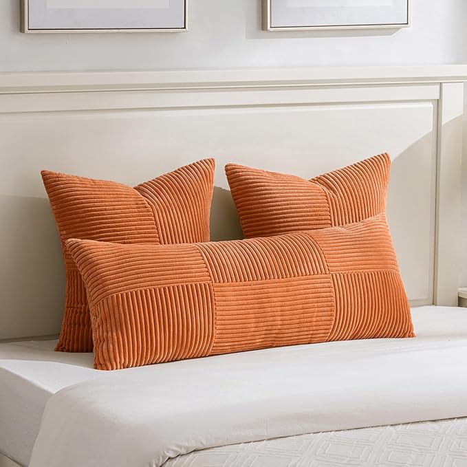 Fancy Homi 2 Packs Orange Euro Decorative Throw Pillow Covers 26x26 Inch for Living Room Couch Bed, Farmhouse Boho Home Decor, Soft Corss Corduroy Patchwork Textured Square Cushion Case 66x66 cm