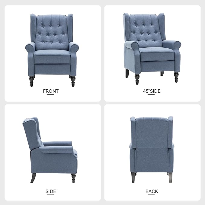 Mid Century Wingback Recliner Chair for Adults, Modern Linen Fabric Push Back Recliner Chairs with Button Tufted Upholstered Back & Footrest, Manual Recliner Chais for Living Room, Nursery, Blue