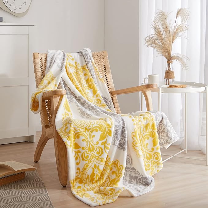 CASAAGUSTO Boho Throw Blanket - Yellow and Gray Damask Decorative Blankets with Tassel, Printed Flannel Bohemian Blanket for Chair, Bed, Sofa, Couch(50 * 60, Yellow and Gray Damask)