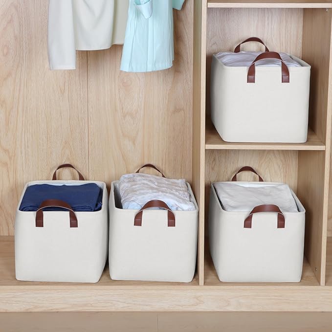 KEEGH Storage Baskets for Organizing, Fabric Storage Bins with Leather Handles, Shelf Baskets for Closet Organization, 15" L x 11" W x 10" H, White, 4 Pack
