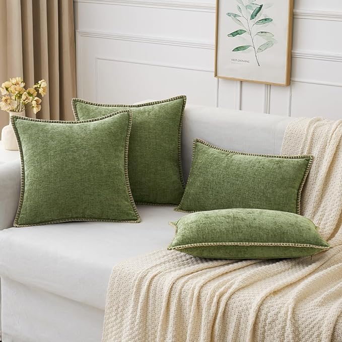 MIULEE Pack of 2 Couch Throw Pillow Covers 24x24 Inch Sage Green Farmhouse Decorative Pillow Covers with Stitched Edge Soft Chenille Solid Dyed Spring Pillow Covers for Sofa Bed Living Room