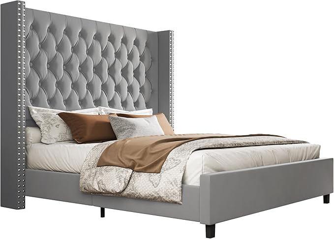 PaPaJet King Size Bed Frame with 61.4" Tall Headboard, Velvet Upholstered Platform and Handmade Deep Button Tufting, No Box Spring Required, Grey