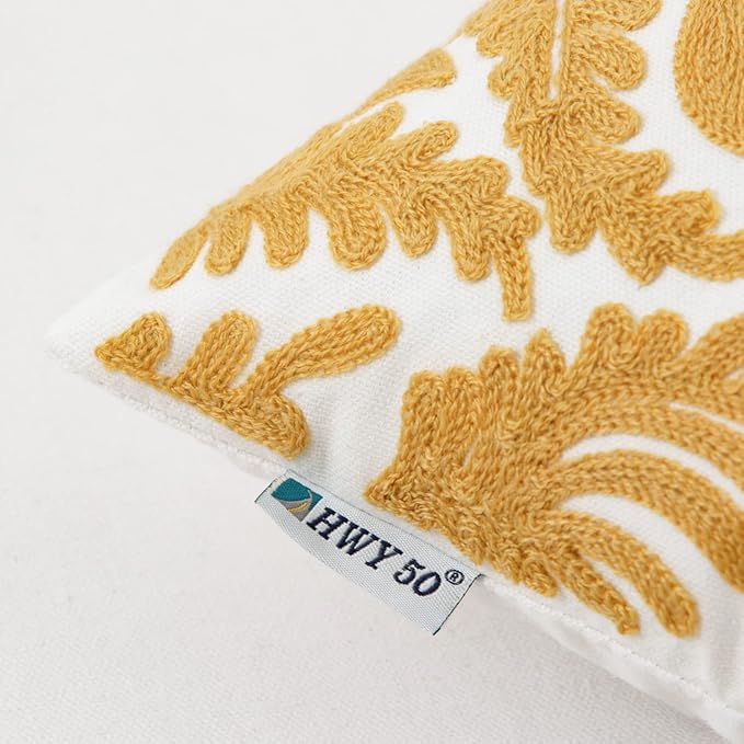 HWY 50 Mustard Yellow Decorative Throw Pillow Covers 18x18 Inch, Pack of 2 Embroidered Cotton Farmhouse Cushion Cover Pillow Case for Sofa Couch Living Room Bed Bedroon, Accent Branches