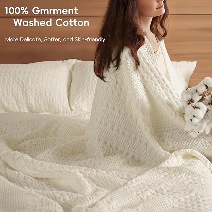 PHF 100% Cotton Waffle Blanket Oversized King 120"x120", Lightweight Breathable Extra Large 10'x10' Summer Blankets for Bed, Giant Big Luxury Aesthetic Woven Bedding for Home Decor, Cannoli Cream