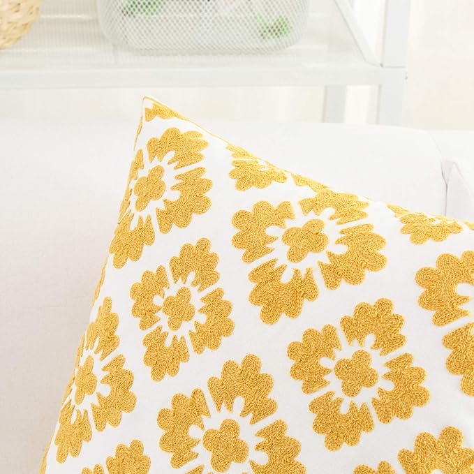 HWY 50 Mustard Yellow Decorative Throw Pillow Covers 18x18 Inch, Pack of 2 Embroidered Cotton Farmhouse Cushion Cover Pillow Case for Sofa Couch Living Room Bed Bedroon, Geometric Diamond Floral