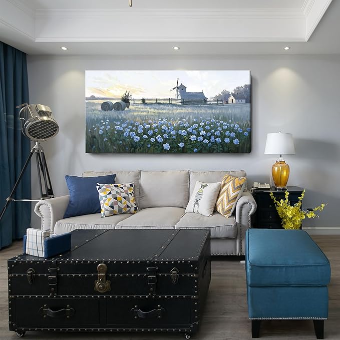 amatop Oversized Farmhouse Wall Art – Botanical Picture Flower Blue Rose & Windmill Countryside Scene Canvas Print, Large Floral Landscape Artwork Decor for Living Room Dining Room Hallway 58x29 Inch