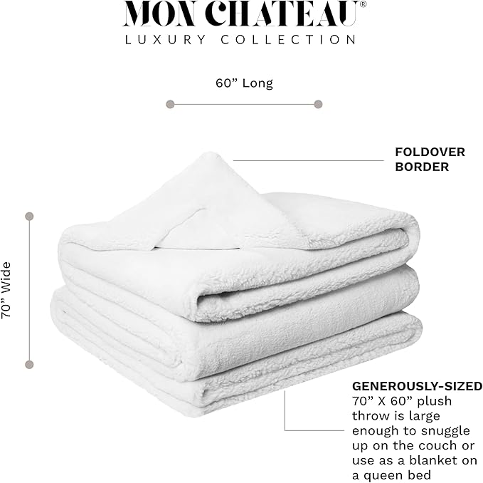 Mon Chateau Luxury Ultimate Plush Faux Fur Throw with 6cm Foldover for Couch, Sofa, or Bed - Plush Ultra Soft Blanket for Sleeping or Home Décor, 60" x 70" (Foldover Ivory)