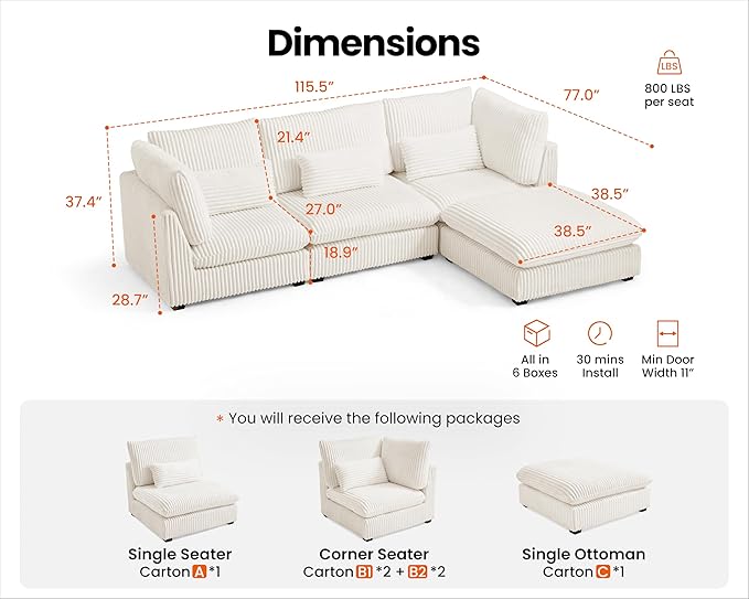 Oversized Modular Sofa, Extra Deep Cloud Corduroy Sectional Couch with Ottoman Chaise, Fluffy Chenille 4 Seat L-Shaped Sofa for Living Room, Villa (L Shape 4 Seater, Corduroy White)