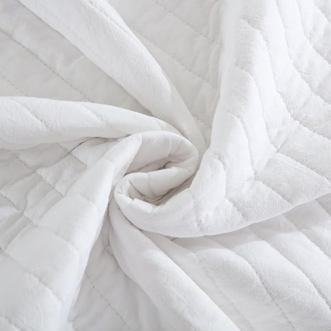 MarCielo 3-Piece 100% Cotton White Striped Quilt Set with Botanical Edge Embroidery TC(Sakura White,King(106" X 98"))